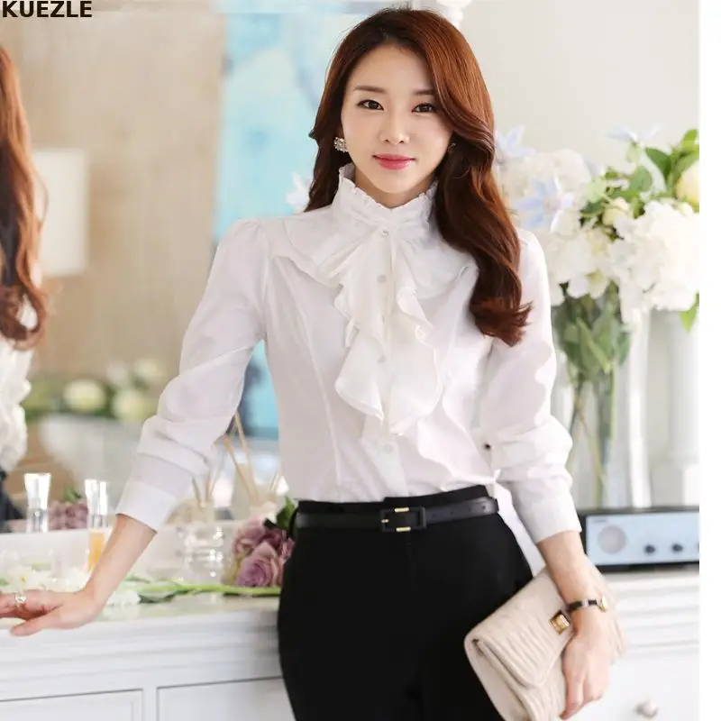 

Summer Chiffon Office Lady Button Up Shirt 2022 Korean Long Sleeve Ruffles Women Shirts White Vintage Ladies Tops Camisas Mujer