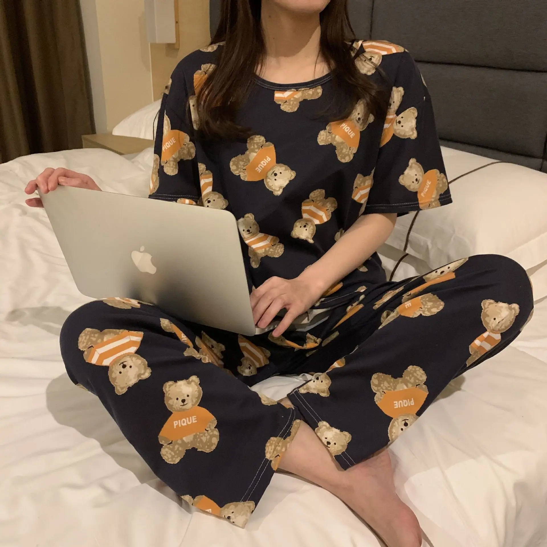 

Cute Sleepwear Women's Pajama Sets Women Cartoon Print Short Sleeve Round Neck Tee and Pants Pajama Set pj set Pyjamas For Women