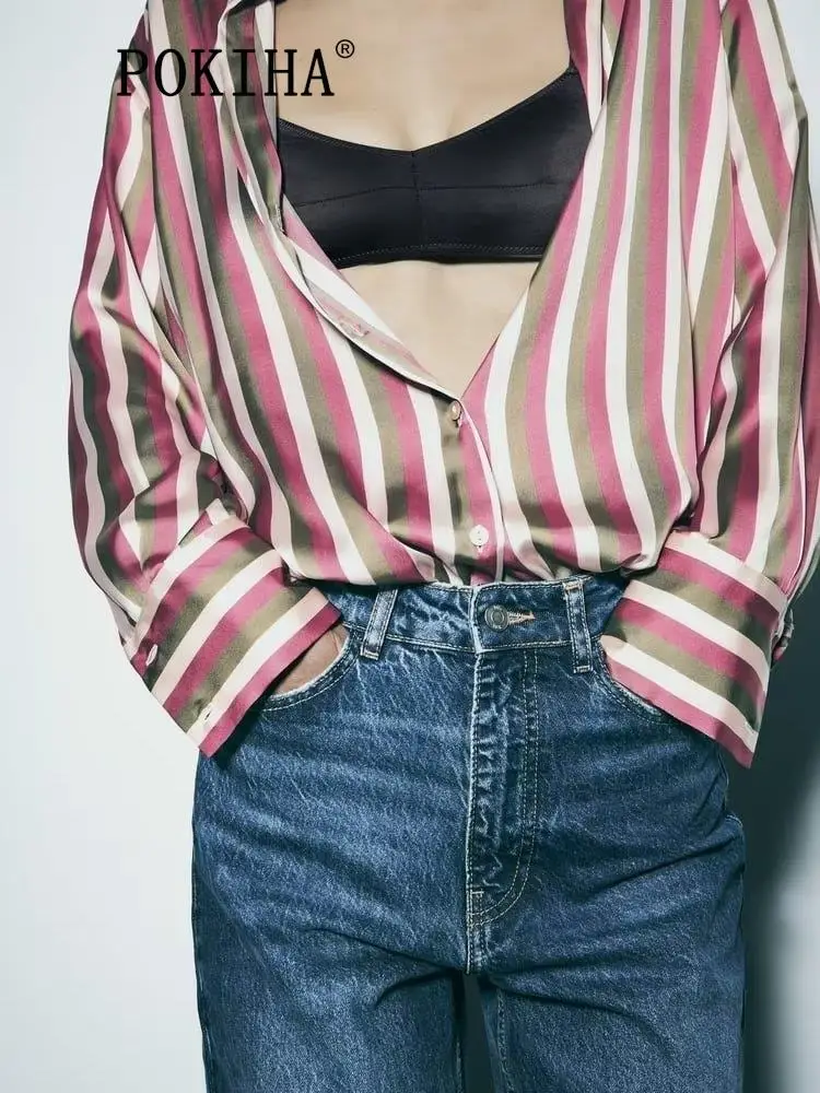 

Модные женские новые повседневные полосатые атласные свободные рубашки Pokiha, винтажные женские блузки с длинным рукавом и пуговицами спереди, блузы, шикарные топы