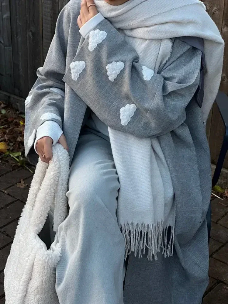 Ид Облако Вышивка Льняное Открытое Кимоно Абая Дубай Роскошный Кардиган