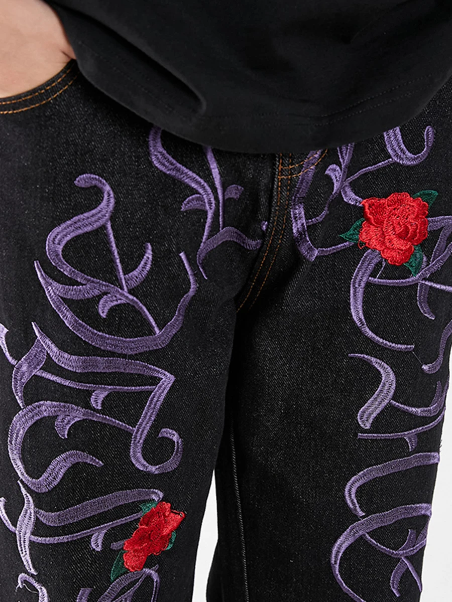 Y2K Men's Jeans European Style with Street Rose Embroidery Hip Hop Straight Loose Trousers Ins Hot Sale - Four Seasons
