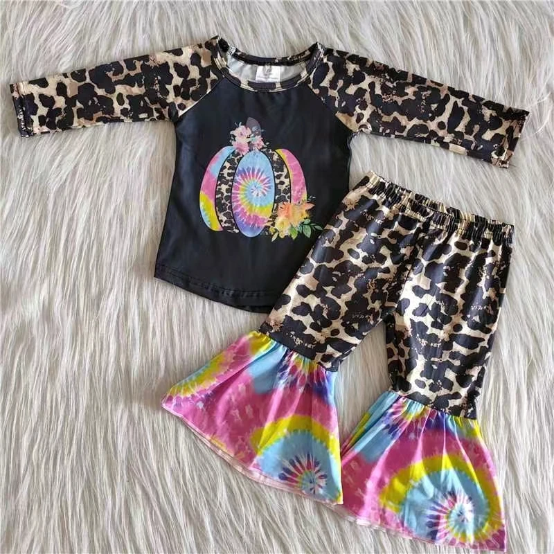 

kid boutique clothing set girl autumn winter cotton outfit leopard long sleeve pumpkin print top and bell bottom pant outfit