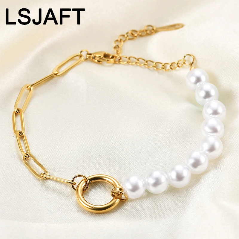 

Ins Fashion Gold Plated Stainless Steel Imitation Pearl Paperclip Chain Bracelet Women Splicing Bracelet Jewelry Gift Wedding