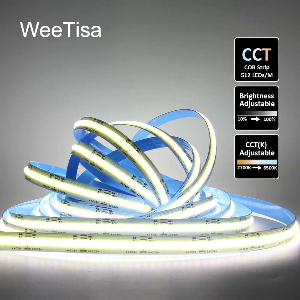 CCT COB LED Strip Light DC 24V 512 LEDs High Density Dual White FOB Flexible 1M 2M 3M 5M Tape Ribbon Strip Linear Lamp for Room