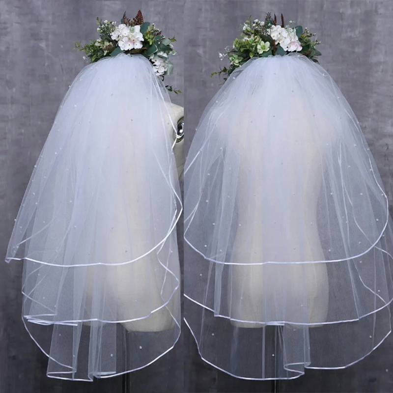 

3 Layers Wedding Bridal Veil with Comb Artificial Pearls Embellished Ribbon Edge