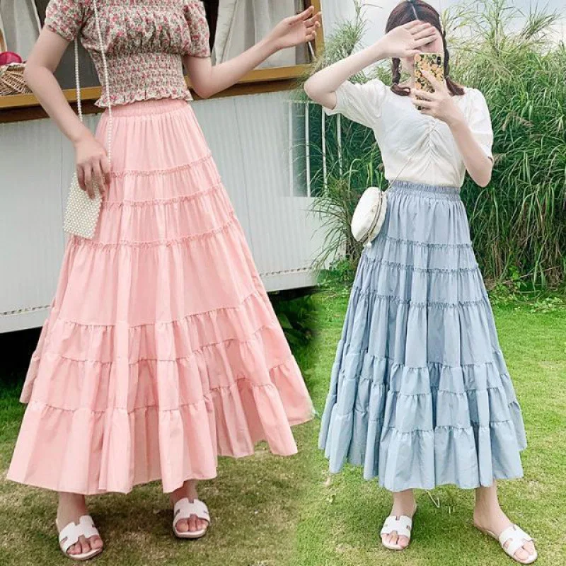 

2022 Women Linen Cotton Long Skirts Elastic Waist Pleated Maxi Skirts Beach Boho Vintage Summer Skirts Faldas Saia