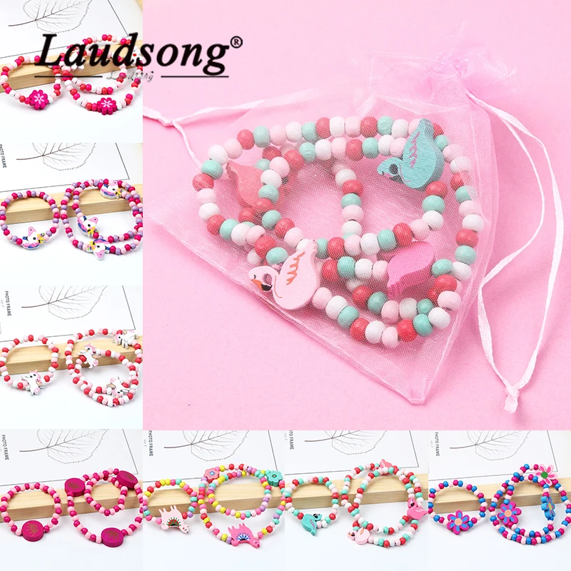

Multicolor 2PCS/SET Cartoon Animal Wooden Beads Children's Necklaces Bracelets For Holiday Birthday Gift Party Jewelry Wholesale