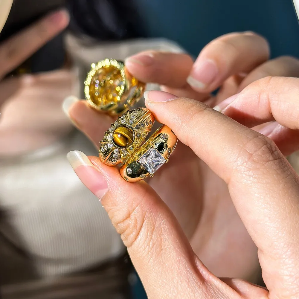 Модное медное ретро кольцо с камнем тигрового глаза регулируемое отверстие