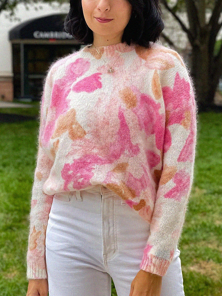 Pink Imprimé Floral Pullover Top 2022 Winter Wool Kid Mohair Long Sleeve O-neck Sweater Pull Female Vintage Elegant Jumper