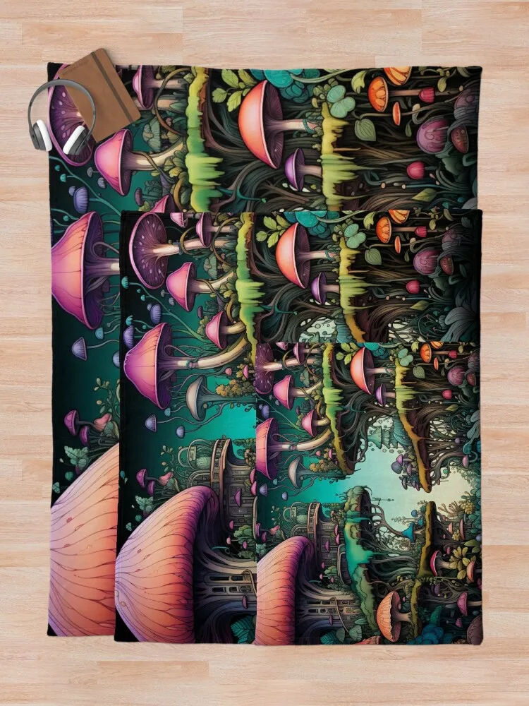 Мистический грибной лес с зачарованными гровками одеяло в стиле аниме