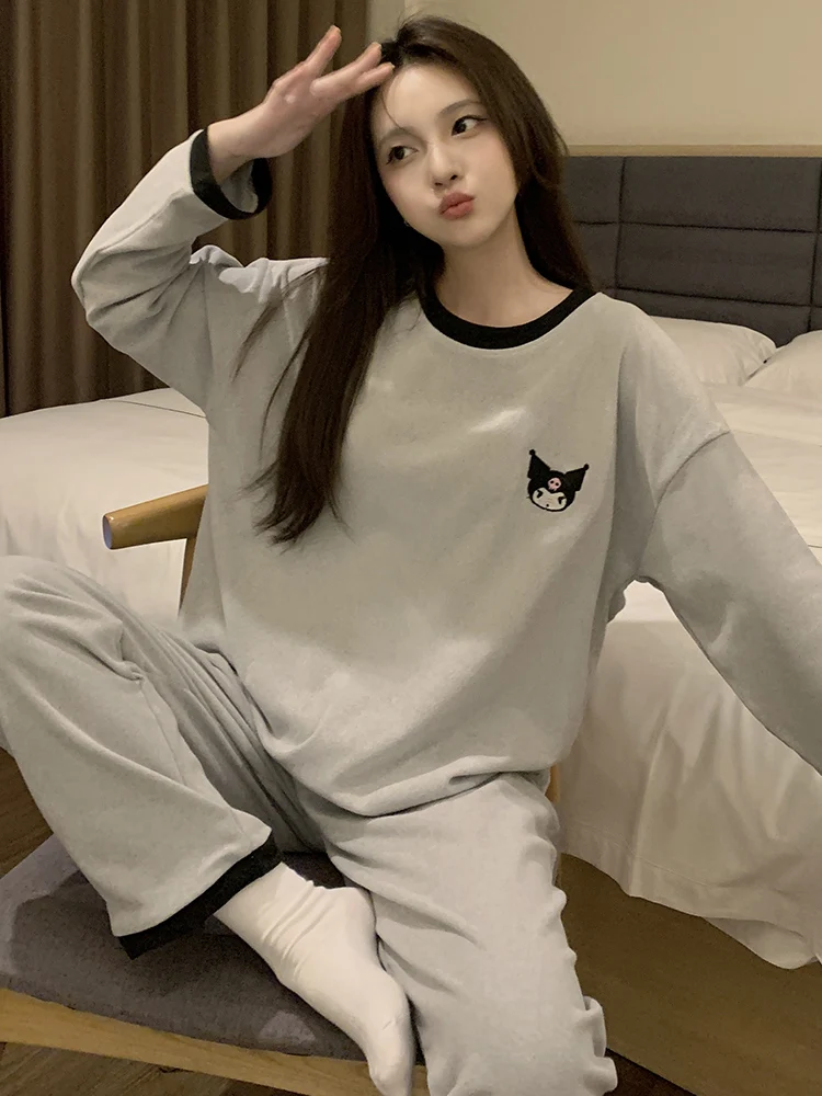 Spring and Autumn Winter Pajamas Women Dralon Warm Thin Velvet Long sleeve Cute Cartoon New Coral Fleece Home Wear Set