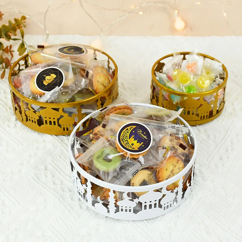 3pcs Eid Metal Storage Tray Ramadan Round White Gold Candy Snack Biscuit Muslim Islamic Party Decoration Supplies |