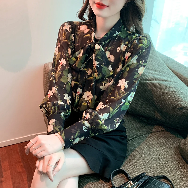 

Chiffon Women's Blouse Summer Floral Printing Loose Shirt Long Sleeve Casual Top Fashion Bow 2022 New Korean Style Clothing