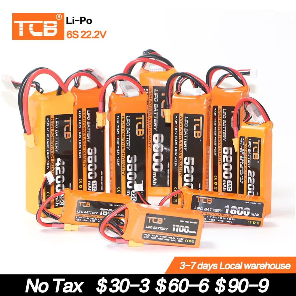 Литий-полимерный аккумулятор TCB 6S RC 6S 22,2 V 1300 1800 2600 3000 3500 4000 4500 5200 6000mAh 30/40/60C для радиоуправляемых самолетов, вертолетов, автомобилей, дронов