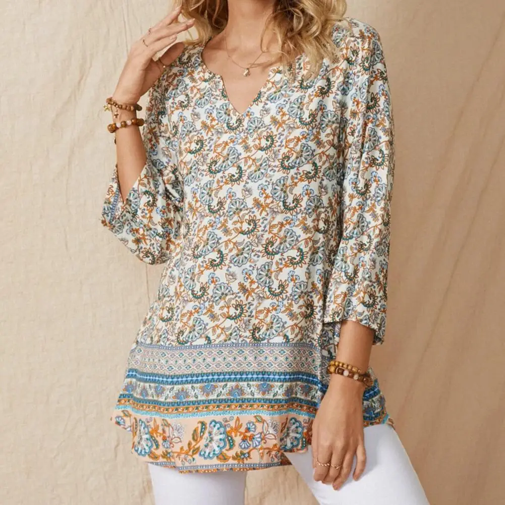

Blusas Blouse Women 2022 Vintage V-Neck 3/4 Sleeve Loose Fit Bohemia Floral Printed Blouse Women Top Shirt Female Clothing