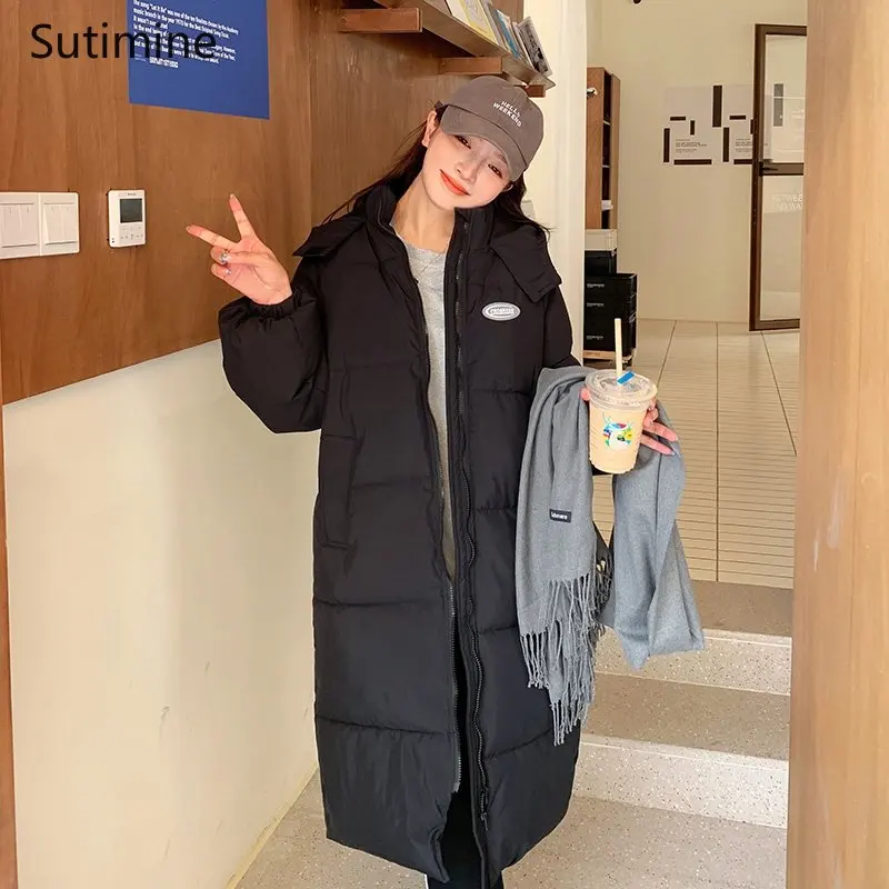 Black Down Cotton Jacket Women's Korean Loose Cotton Jacket Thickened Slim Winter Coat for Women Hooded Winter Clothes Women
