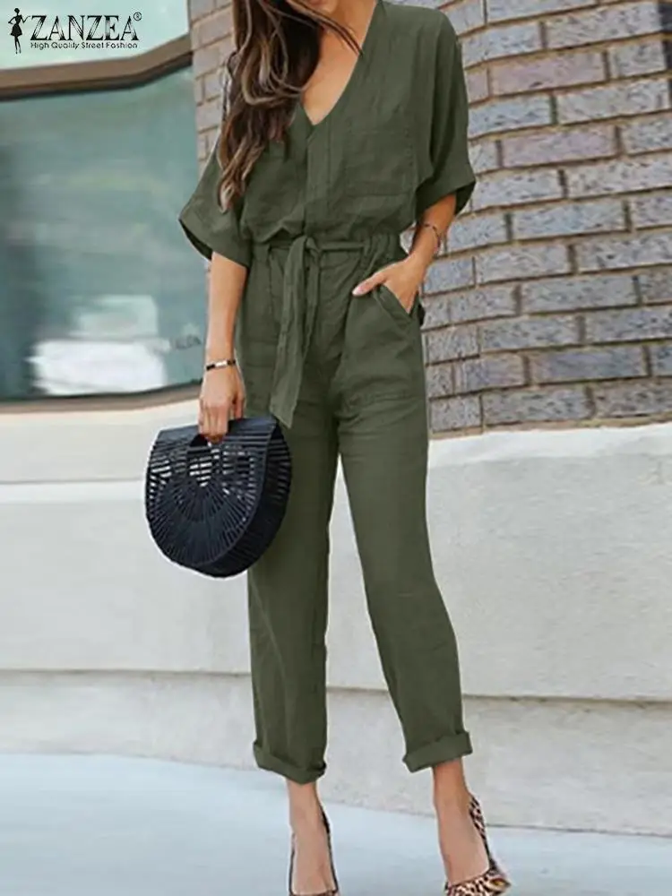 

Fashion Women V Neck Short Sleeve Jumpsuits ZANZEA Summer Casual Drawstring Waist Long Playsuits OL Overalls Cotton Rompers