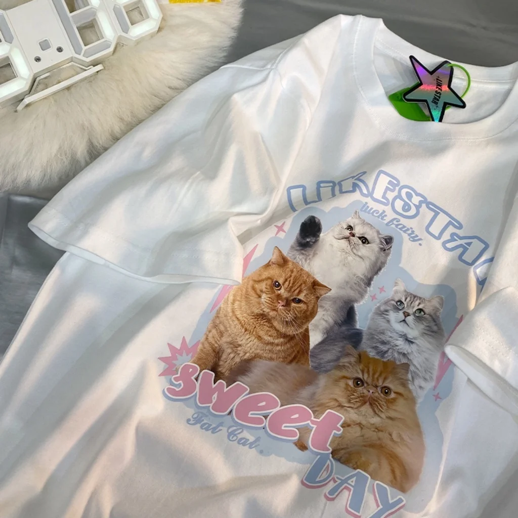 Женская супермилая футболка с котом свободная Милая женская коротким рукавом