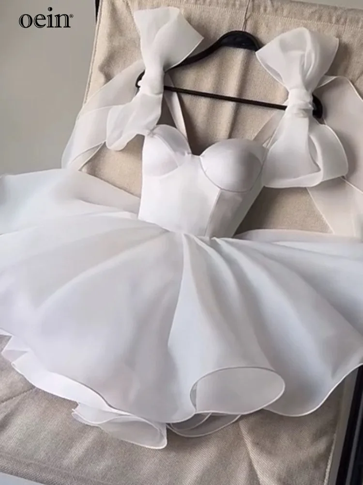 Белое платье на подтяжках в стиле First Love с бантом женское французское нежное