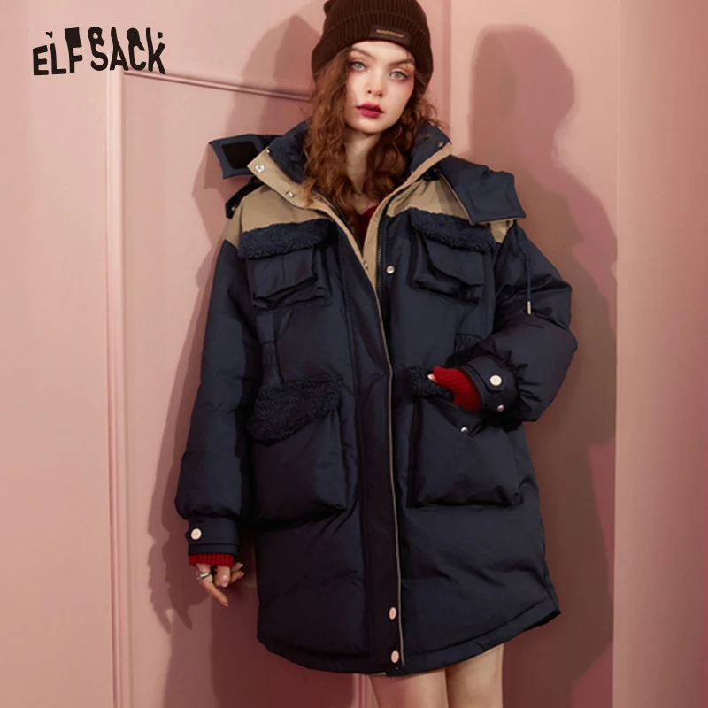 ELFSACK Detachable Hooded Warm Down Coats Women 2022 Winter Mid-length Cargo Coats