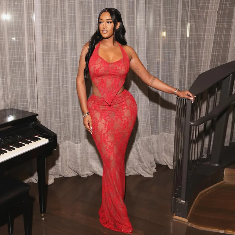 KOXINVES Летний Новый сетчатый кружевной на шнуровке без бретелек Топ + юбка женские