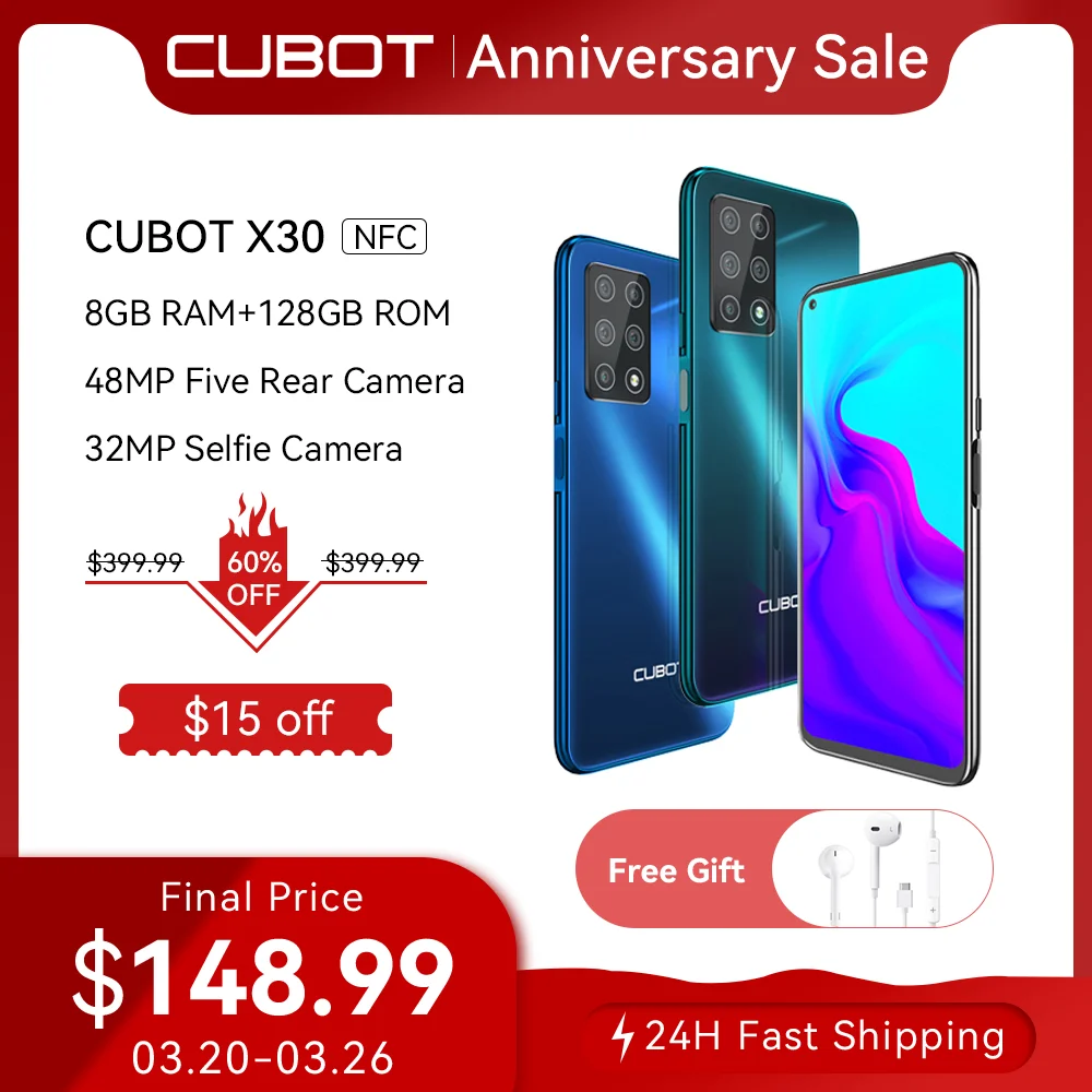 Cubot X30 8GB Smartphone 48MP Five Camera 32MP Selfie NFC 256GB 6.4
