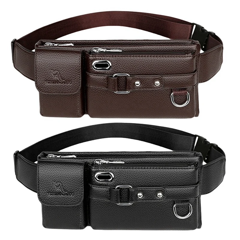 

YUESKANGAROO Waist Bag Men Leather Fanny Pack Chest Bag Male Packs-Black & Brown