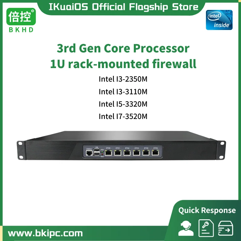 

IKuaiOS 989 Black 1U Rackmount Ethernet Firewall Appliance 3rd Gen Core i3 i5 i7 6x1GE Pfsense MikrotikOS Sophos Free Laser Logo
