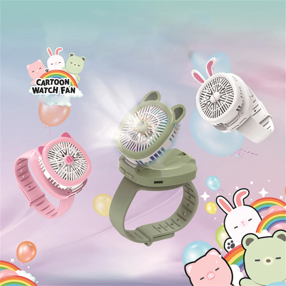 

Portable Watch Fan Food Grade Silicone 90-degree Standing Up And Down Mini Cartoon Wristband Fans Usb Charging Air Conditioning