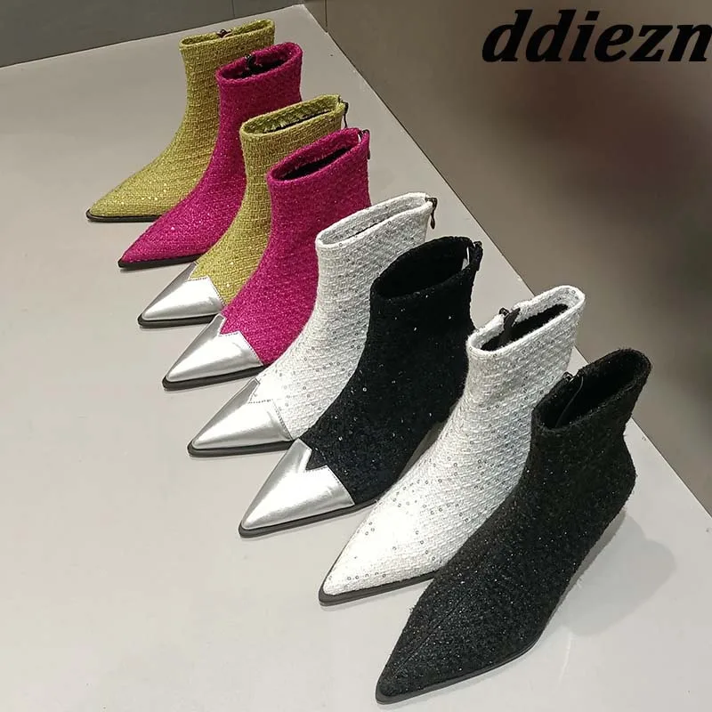 

Ботильоны женские 2023, на низком каблуке, разноцветные, с острым носком, стразы