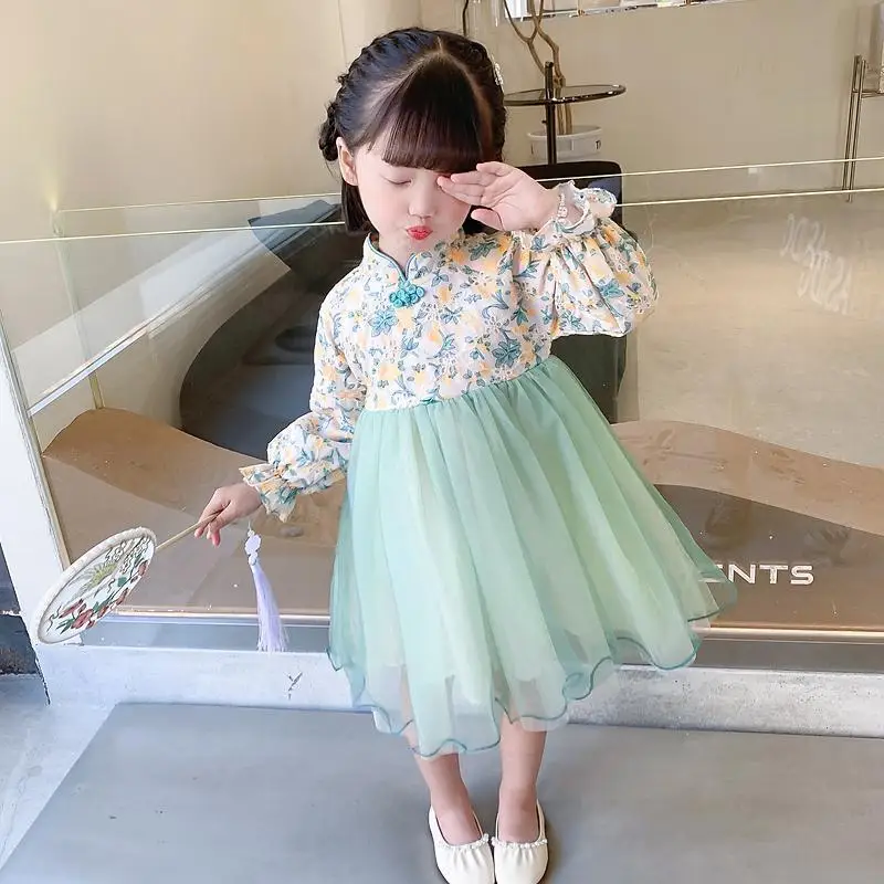 Girls Hanfu Dress Spring and Autumn 2023 New Children's Chinese Style Gauze Dress Girls Baby Long-sleeved Princess Dress