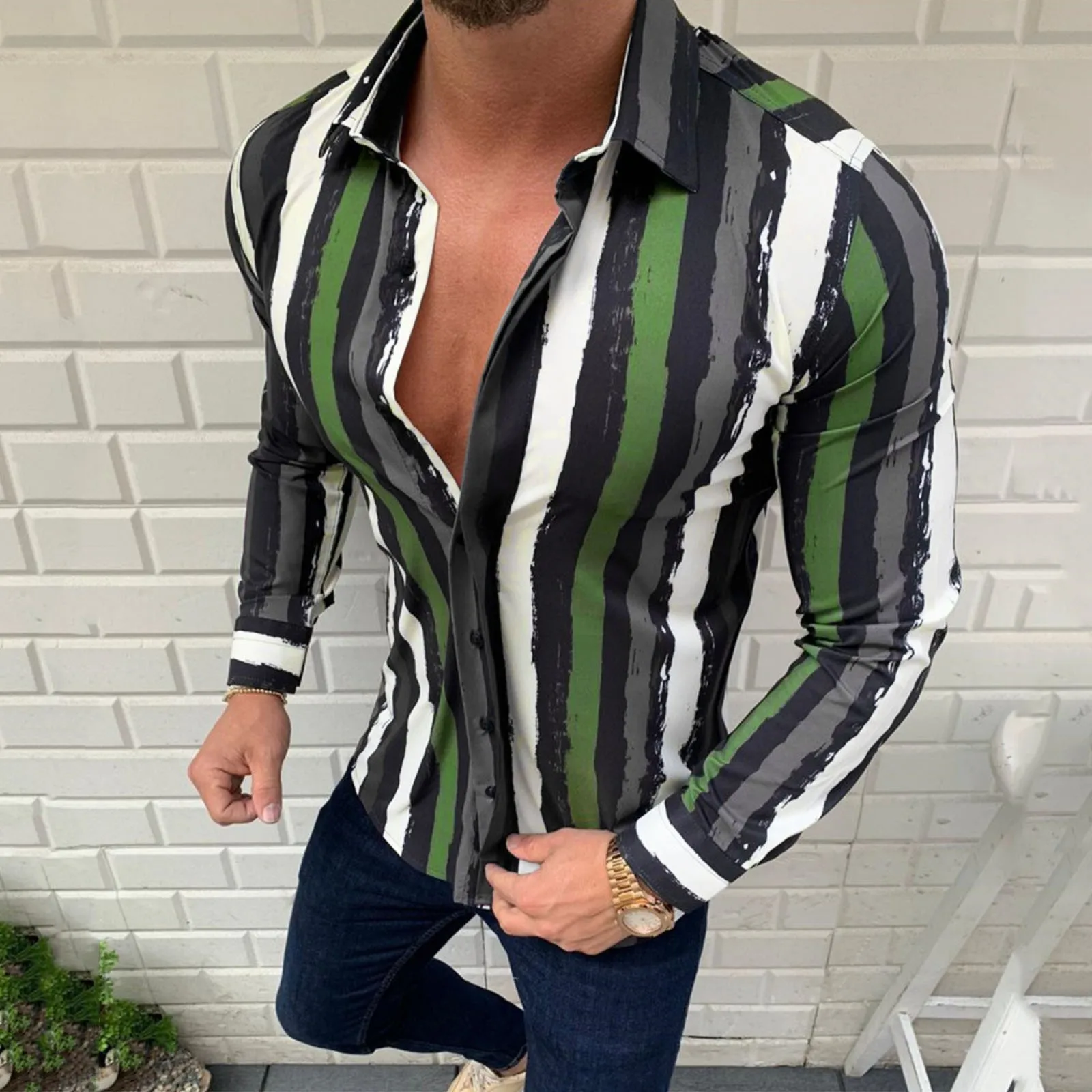 

Мужская Однотонная рубашка в полоску, Повседневная рубашка с воротником, длинным рукавом, отложным воротником и цифровым 3D-принтом, для отд...
