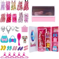 high quality pink doll wardrobe movable portable handbag dollhouse diy mini furniture 36 pcs accessories for 16 doll toys