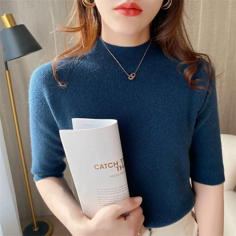 

Тонкий свитер-водолазка с рукавом до локтя, женские облегающие однотонные базовые Топы, сезон весна-лето 2022, вязаный пуловер