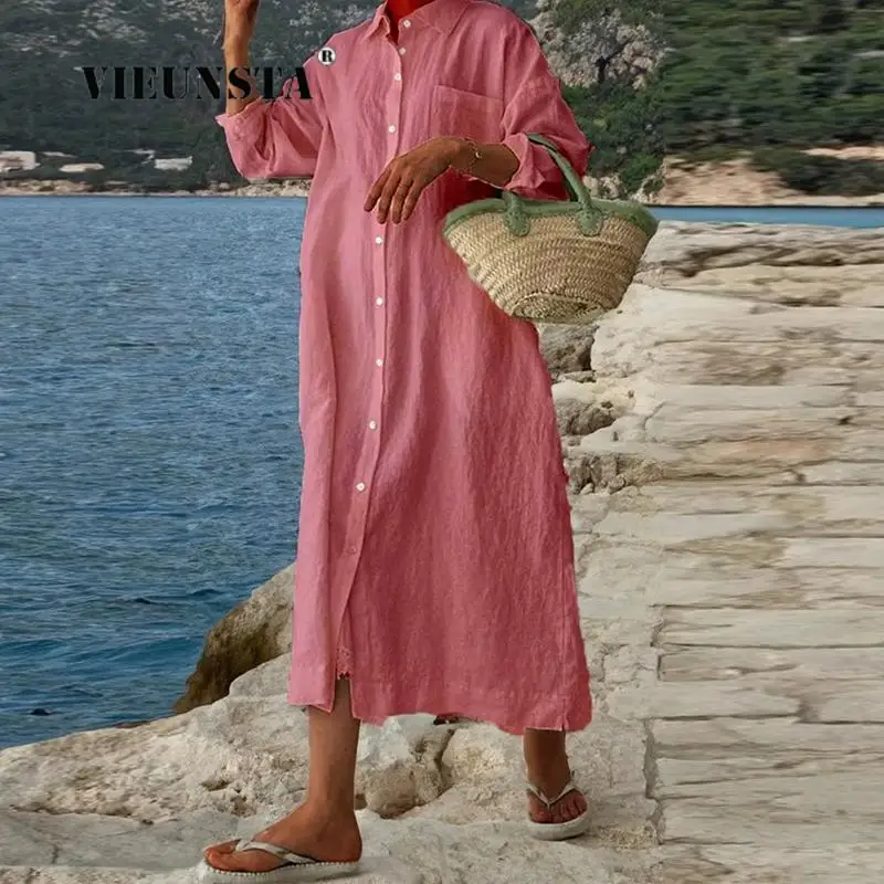 

Женское базовое однотонное длинное платье, винтажное платье-рубашка из хлопка и льна, модное свободное платье макси с длинным рукавом и отложным воротником, осень 2023