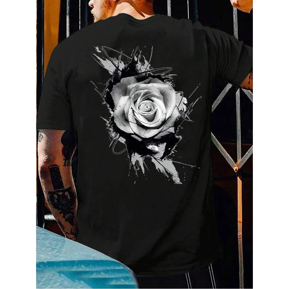 

Summer Rose Men's T-Shirt 3d Rose Print Short Sleeve Casual Fashion T-Shirt For Men Black O-Neck Tops Oversized Men's Clothing