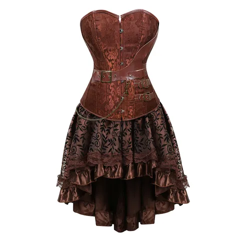 Женский европейский костюм пирата в стиле стимпанк, женское платье-корсет, юбка на шнуровке, коричневое платье-корсет из искусственной кожи на молнии