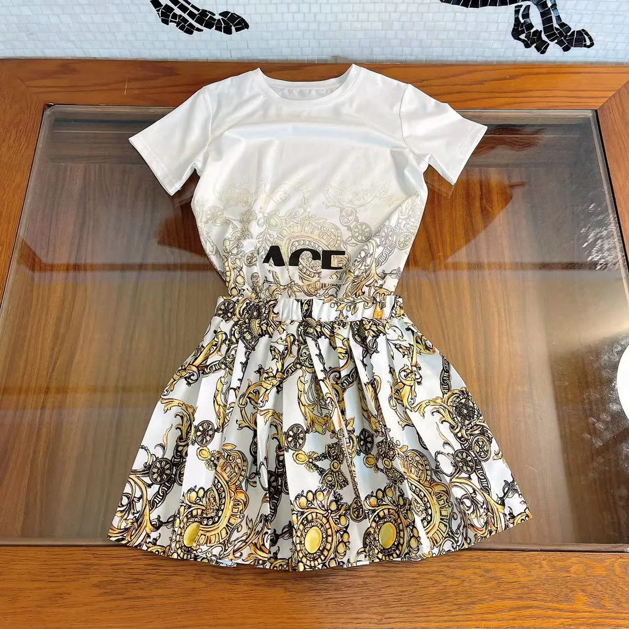 

High-end children's wear 2022 summer new girl suit skirt children's western style digital printing t+ pleated skirt