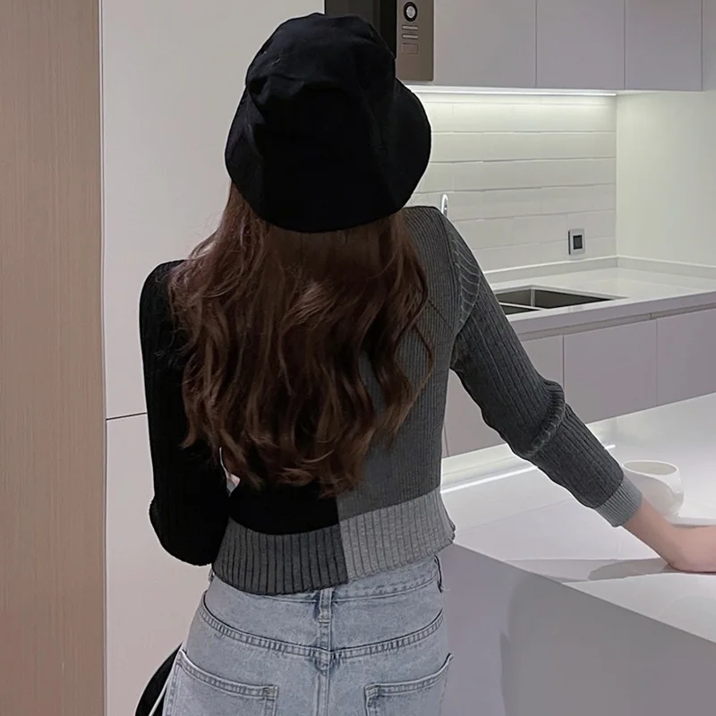 Женский асимметричный кардиган укороченный вязаный свитер составного кроя с