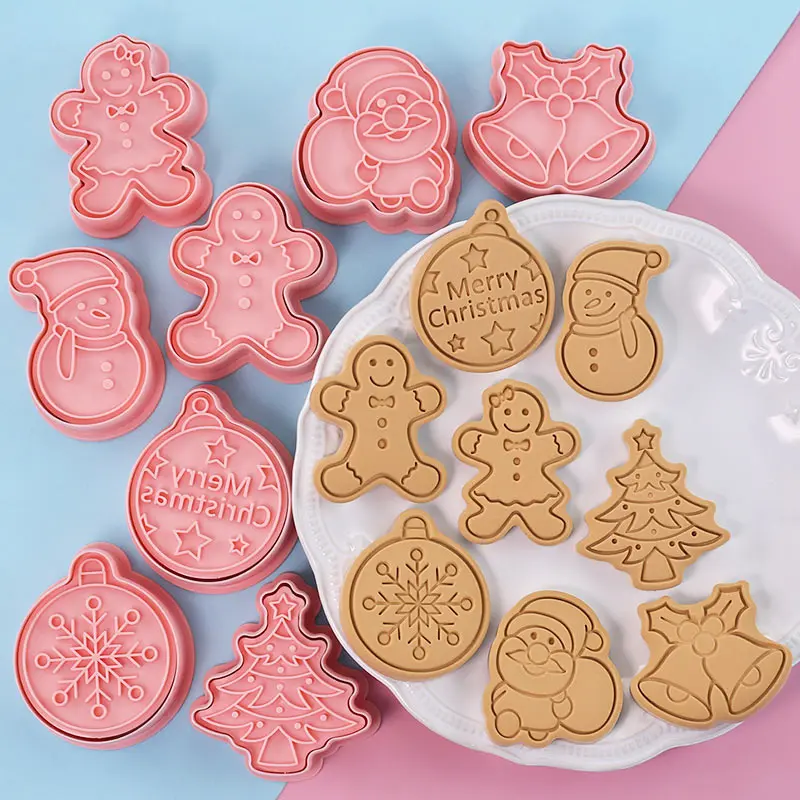 8 Pcs/set Cookie Cutters Plastic 3D Christmas theme Cartoon Pressable Biscuit Mold Cookie Stamp Kitchen Baking Pastry Bakeware