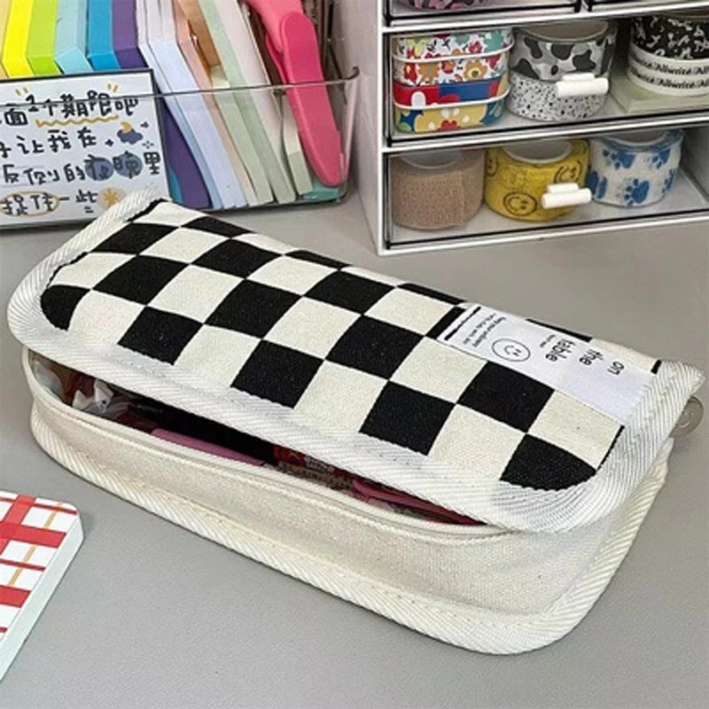 

Pencil Case Canvas Checkerboard Flap Large Capacity Pencil Storage Organizer Creative Student Canvas Pencil Bag Stationery