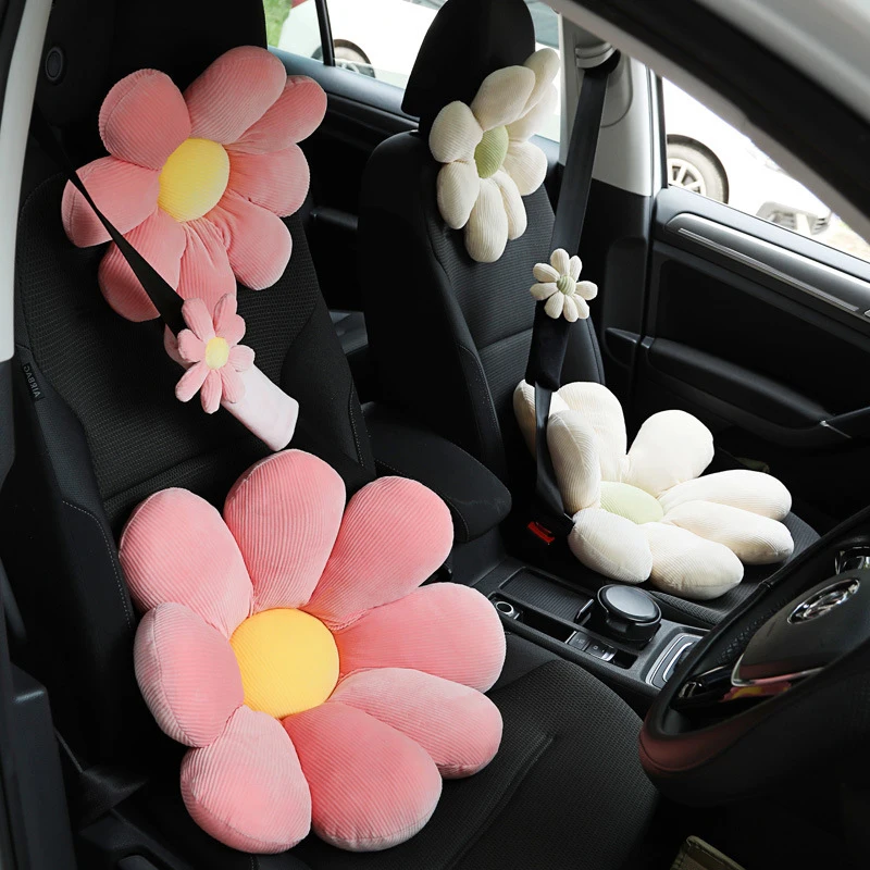 Cute Flower Car Neck Pillow Cushion Soft Car Headrest Waist Pillow Safety Seat Belt Shoulder Pad Car Accessories for Girls Women