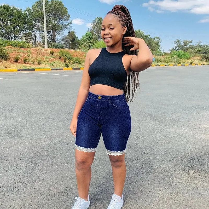 

Летние Короткие джинсы, женские повседневные кружевные облегающие джинсовые прямые шорты с завышенной талией в винтажном стиле