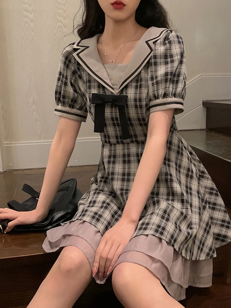 

Vintage Preppy Style Bow Plaid Dresses V-Neck Short Sleeve Woman Mini Dress for Women Party Summer 2023 Vestidos Women Clothes