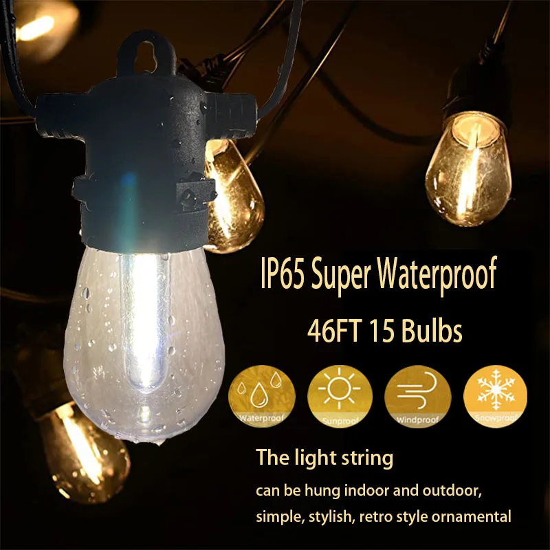 48FT 15Lights LED Outdoor IP65 Waterproof S14 Courtyard Holiday Wedding Decoration Birthday Party Light String