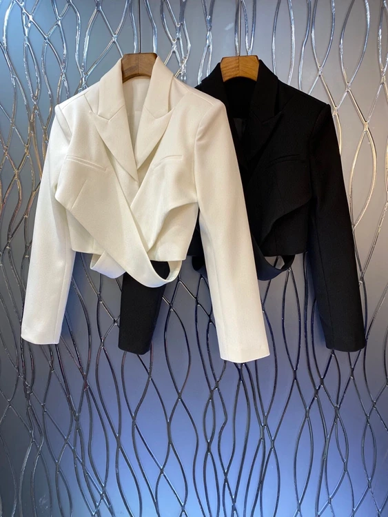 

2022 new women fashion solid color lapel cross short handsome suit jacket coat 068