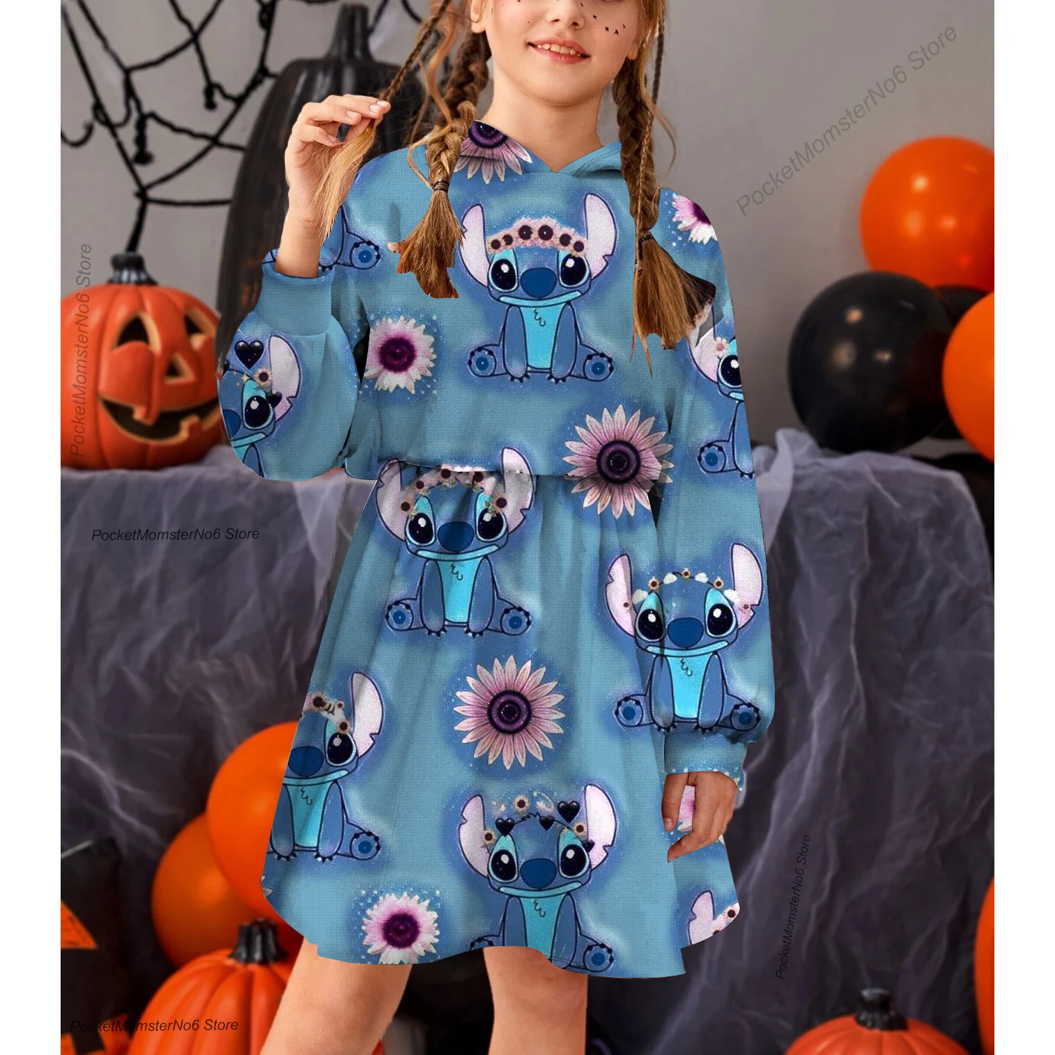 

Disney autumn and winter new children's clothing casual hoodie sweater dress print princess skirt Stitch cute cartoon top