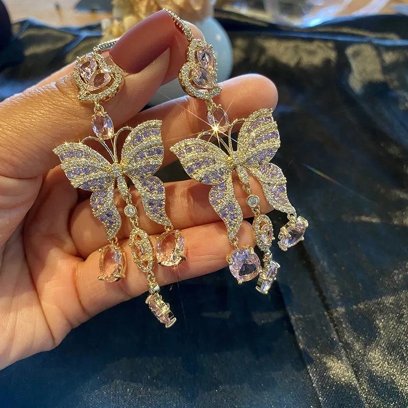 

New Graceful Luxury Zircon Butterfly Long Hanging Earring Women Trend Gorgeous Crystal Party Dress Dailry Exquisite Jewelry Gift