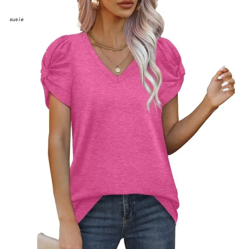 

Однотонная Туника X7YA с коротким рукавом, Повседневная Свободная футболка с V-образным вырезом для женщин