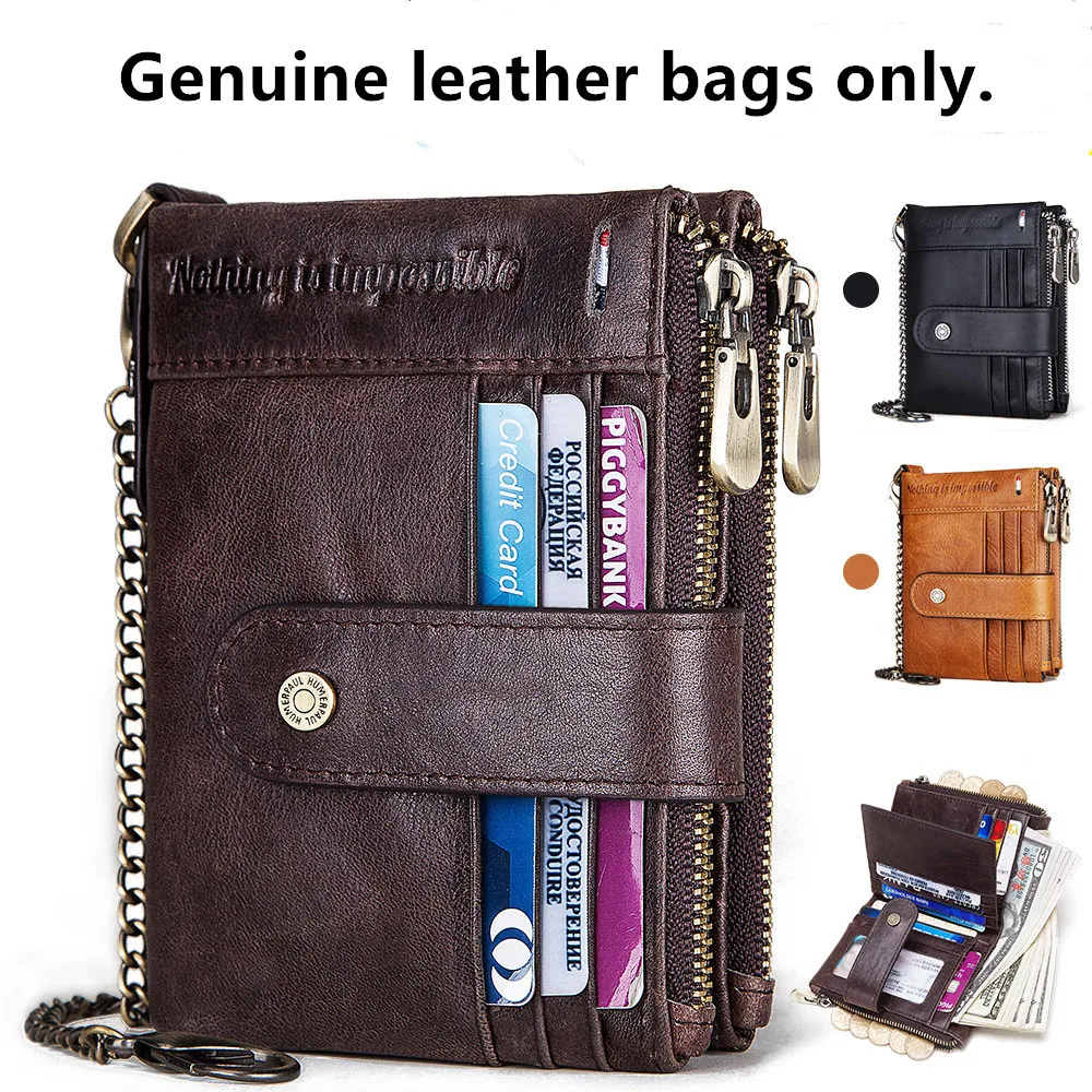 RFID anti-theft brush double zipper leather wallet multi card men's wallet Crazy horse leather wallet